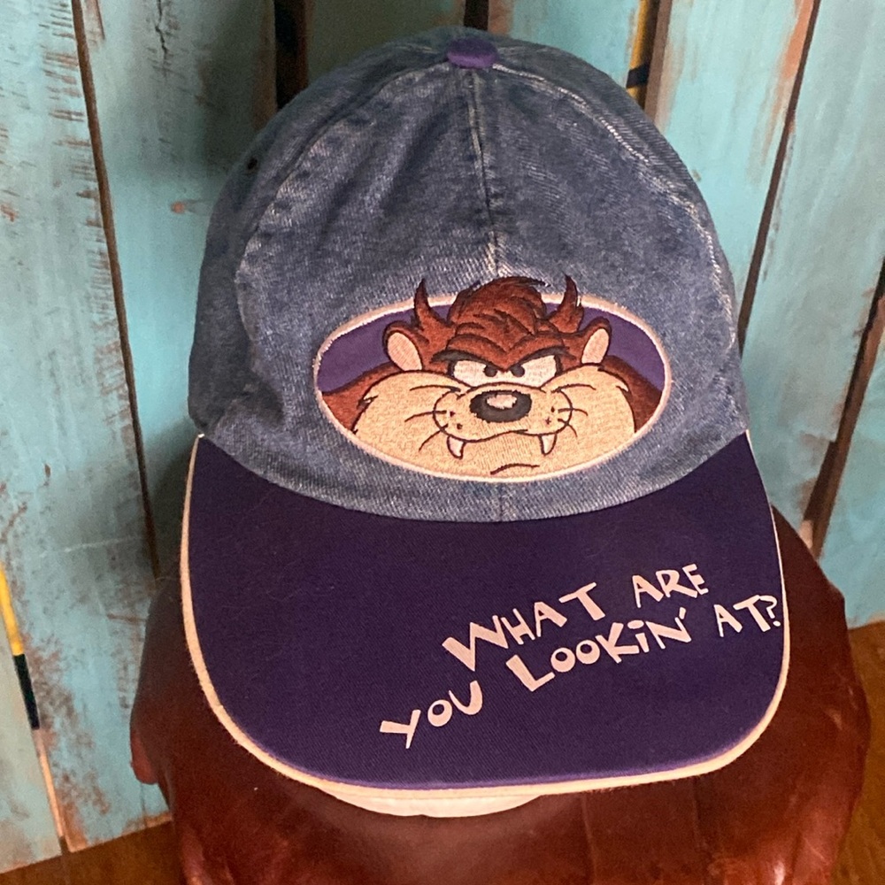 Vintage 90s Looney Tunes Taz denim hat “What are you looking’ at?” Blue Purple